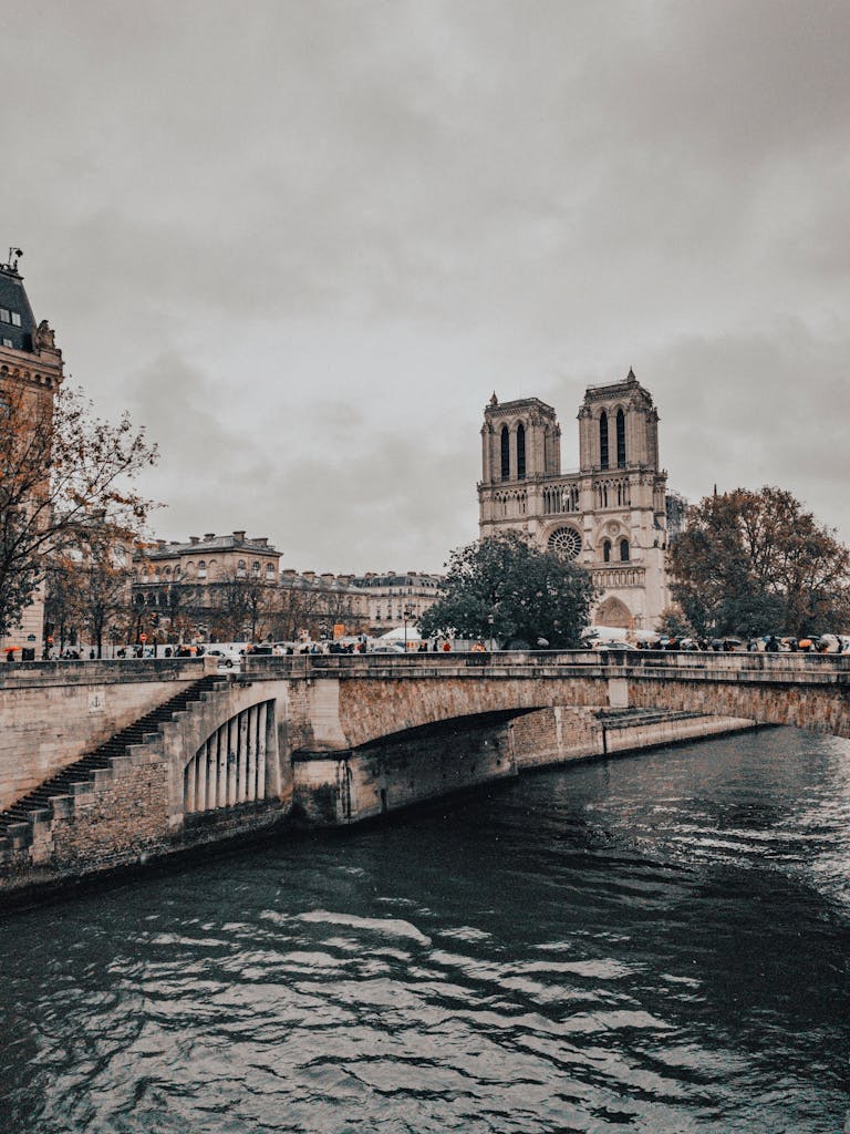 Scenic view of Notre Dame Cathedral by the river in Paris, capturing urban elegance.